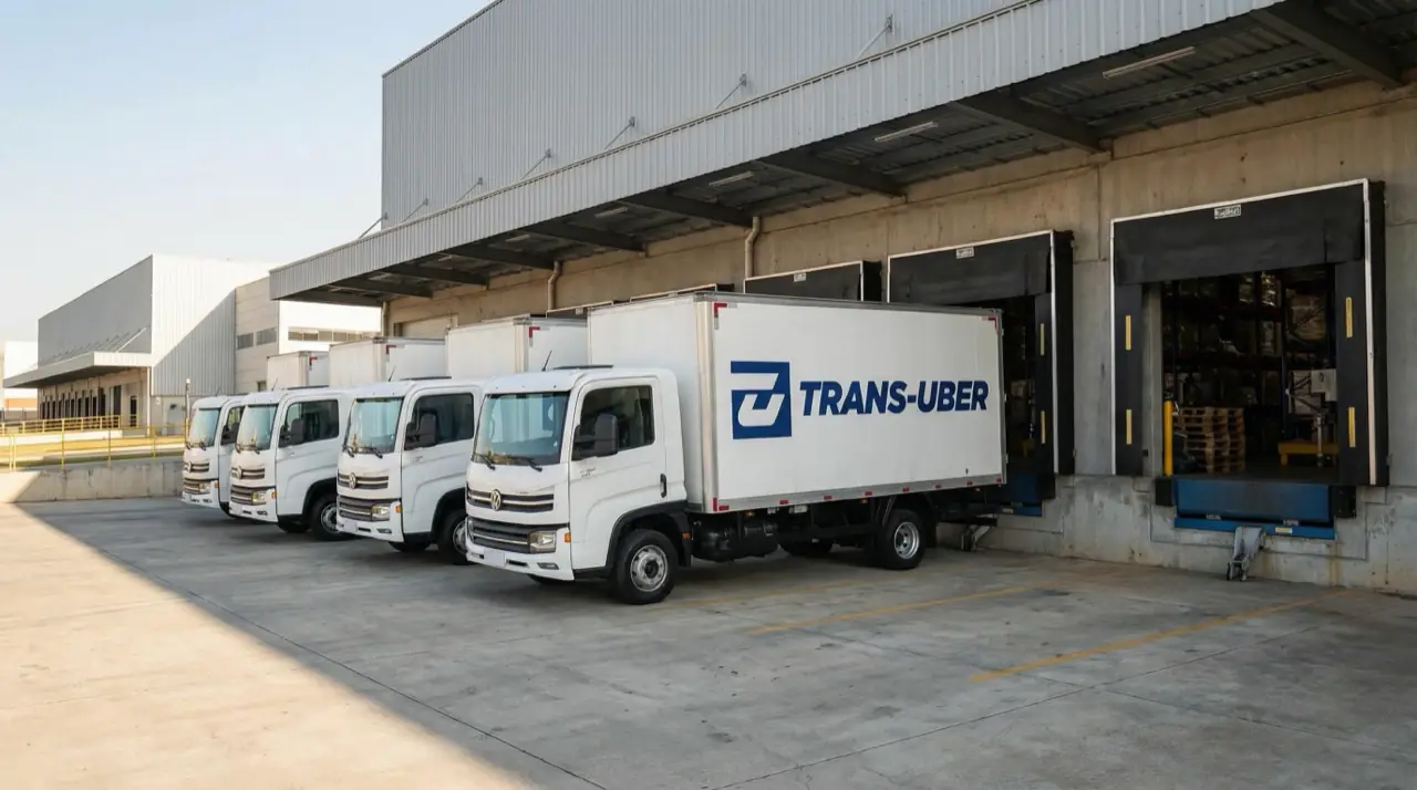 Centro de distribuição da Trans-Uber com caminhões nas docas