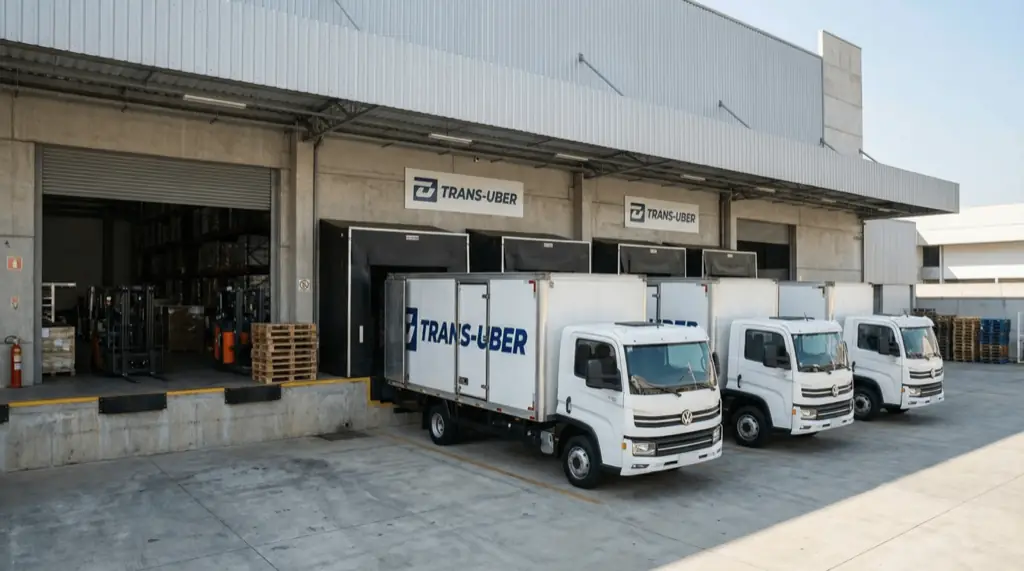 Caminhões da Trans-Uber carregando nas docas do centro de distribuição