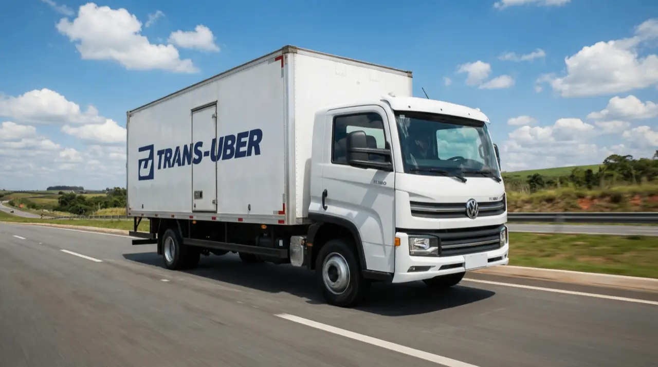 Caminhão baú da Trans-Uber na rodovia