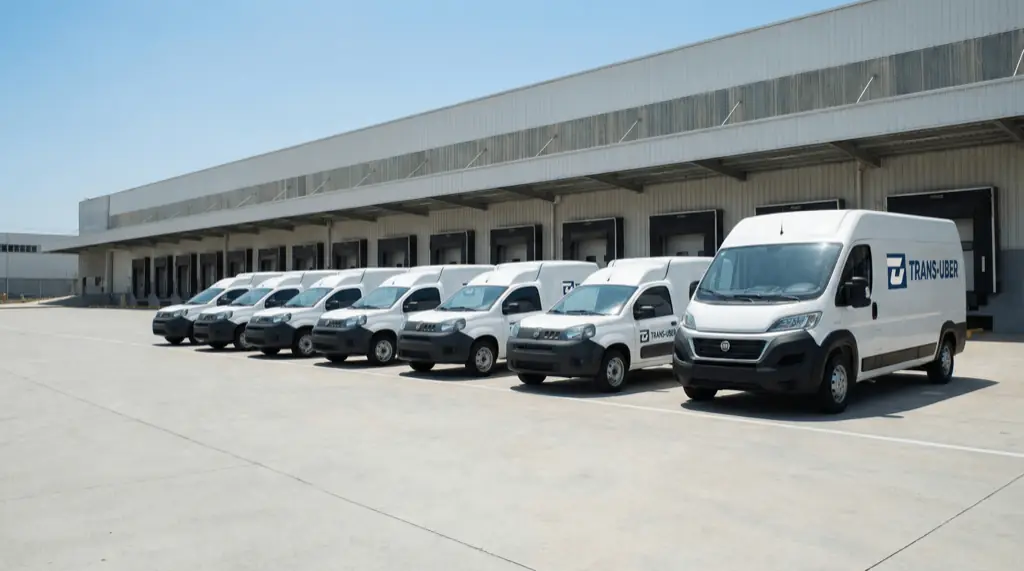 Vans e utilitários da Trans-Uber no pátio do centro de distribuição